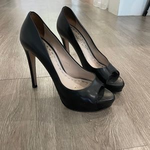MUI MUI Black Leather Open Toe Platform 4" heels